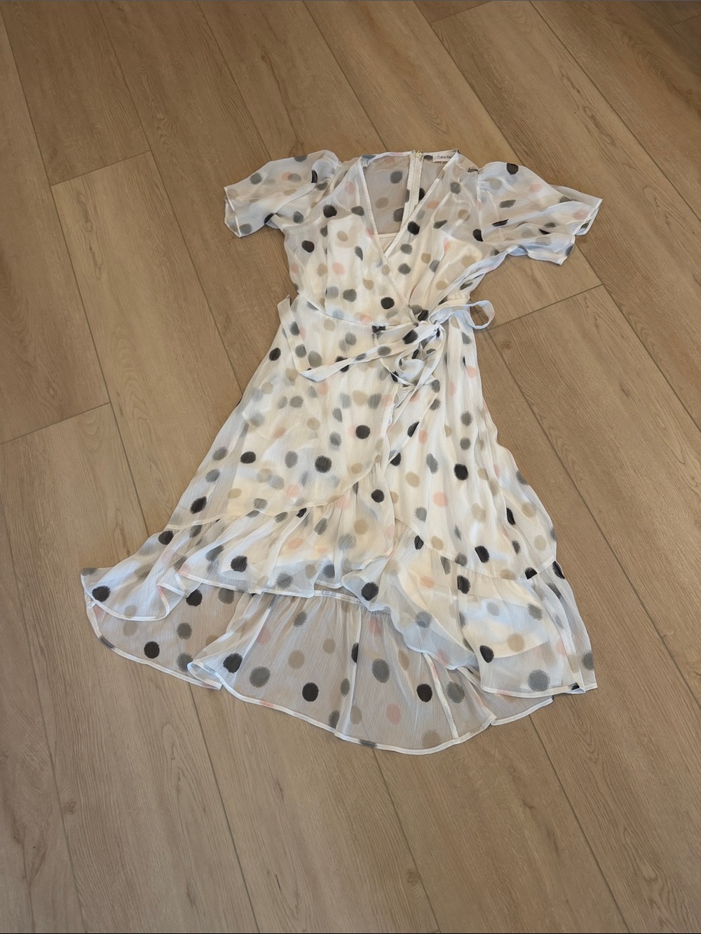 Calvin Klein White Wrap Dress with Black and Blush Polka Dots
